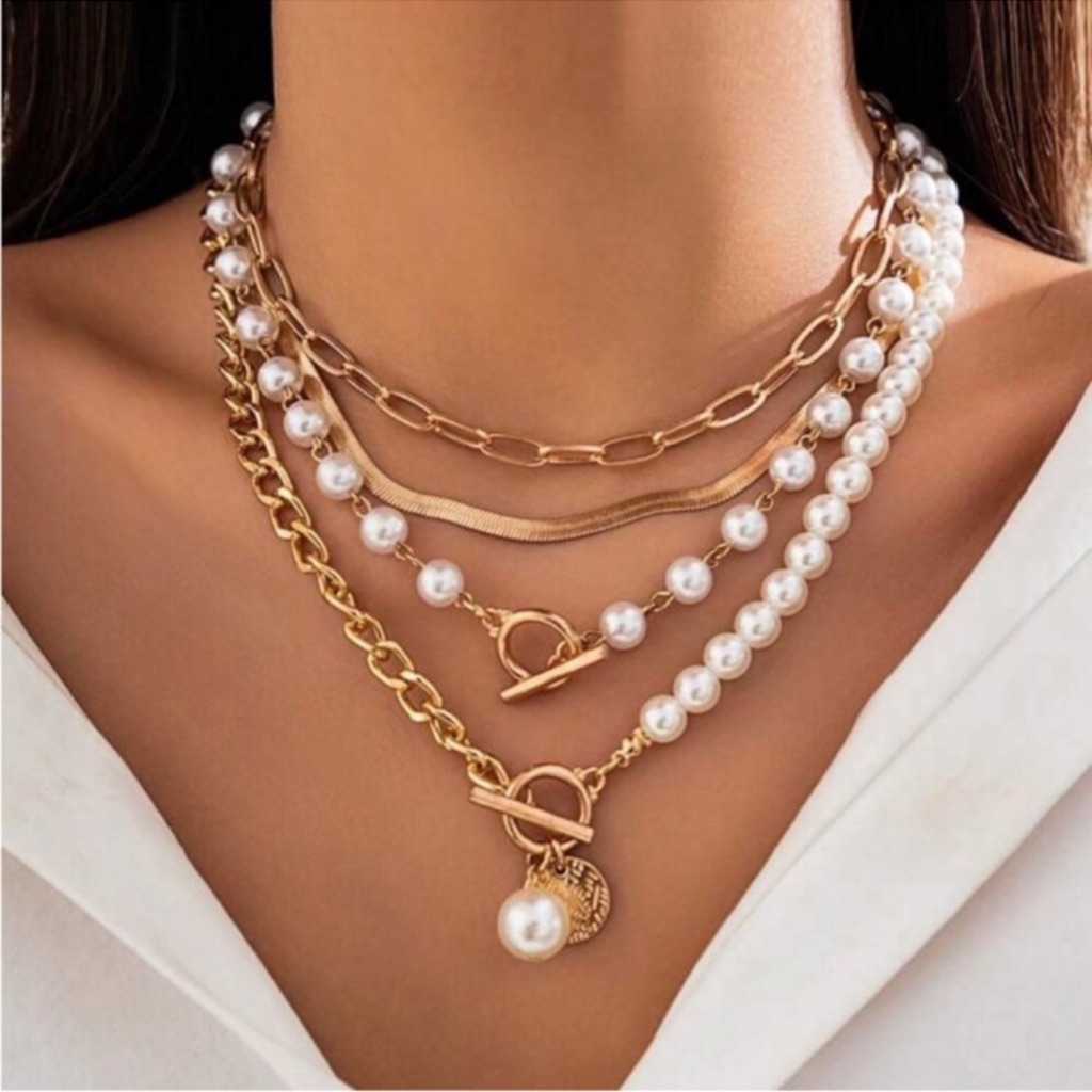 4pcs Elegant Gold Chain Necklace With Artificial Pearls- Versatile Alloy Jewelry 35$